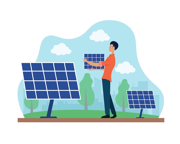 밖에 서서 설치를 위한 태양 전지판 준비를 들고 있는 젊은 남성 환경 개념을 보호하는 전기의 환경 친화적인 생산 평면 벡터 일러스트