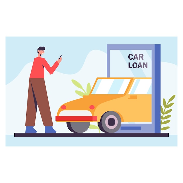 Young male take picture of car Online loan via smartphone Car loan service via modern gadget