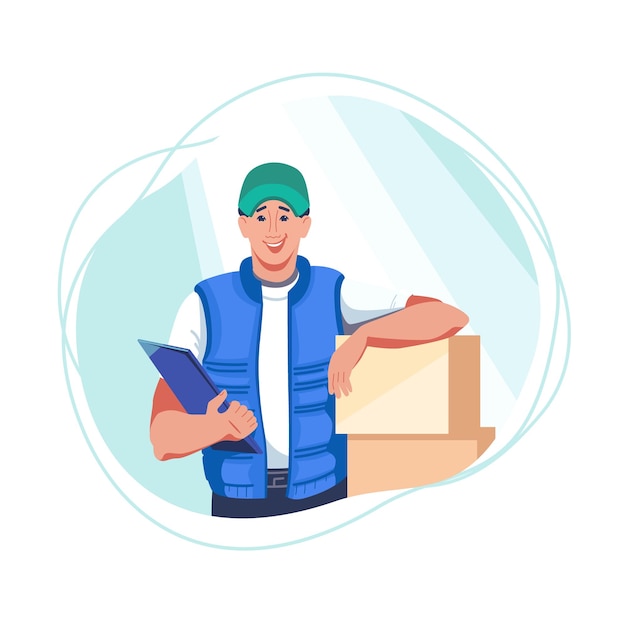 Vector young male vector character delivering parcels to door bringing cargo into house friendly smiling courier careful attitude to parcels flat color image