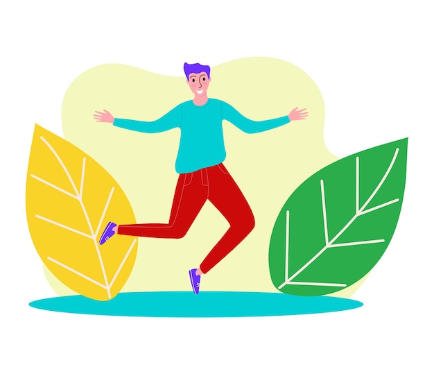 Young male with purple hair jumps joyfully between large leaves Happy cartoon guy in casual outfit enjoying nature Youthful energy and outdoor fun vector illustration