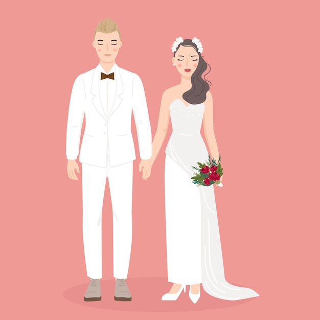 若い男性と女性、結婚式で新郎新婦のカップル、フォーマルドレス。トレンディなベクトルイラスト