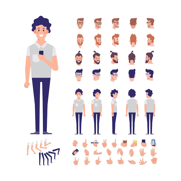 Young man for animation with various hairstyles faces and gestures front side back view vector