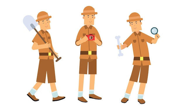 Vector young man archeologist standing with shovel and bone vector illustration set