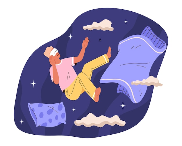 寝るマスクをかぶって眠っている若い男 枕と毛布のなかで空中に浮かんでいる人間 眠っている人