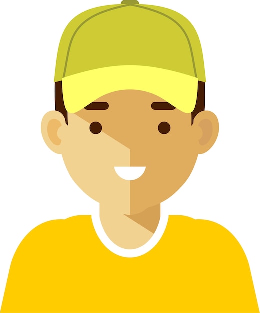 Young Man Avatar Face Icon in Yellow Shirt and Baseball Cap Flat Style