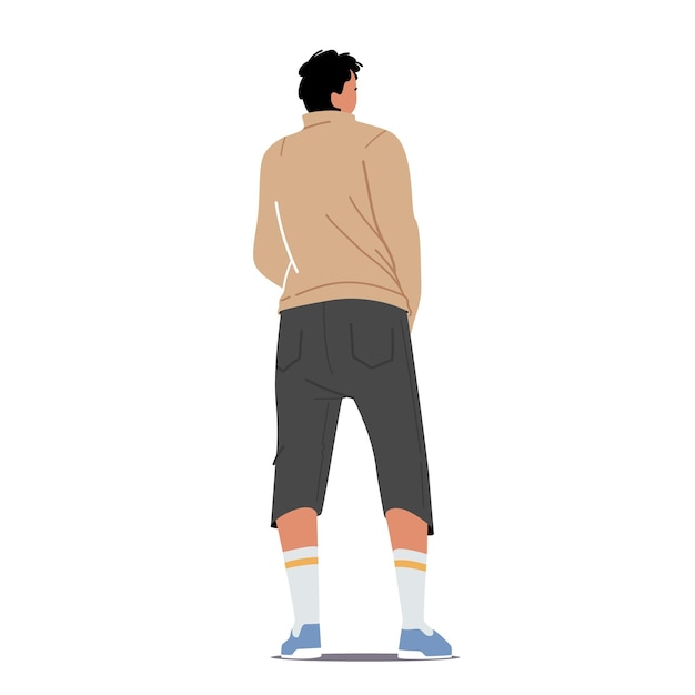Вид сзади молодого человека, мужской персонаж в коротких брюках, толстовке, длинных носках и кроссовках, вид сзади, изолированные на белом фоне. Подросток, студент носить модную одежду. Векторные иллюстрации шаржа