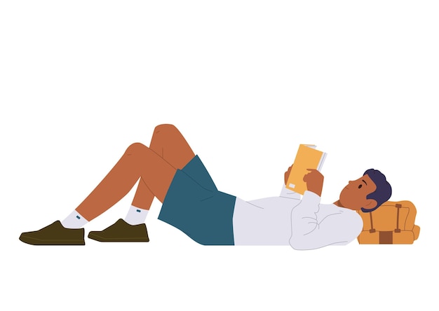 Vector young man backpacker traveler enjoying reading hobby while rest taking break during hiking trip vector illustration male tourist lying on backpack holding favorite storybook studying remotely