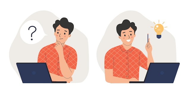 ラップトップの前にクエスチョン マークと新しいアイデアを見つける若い男 フラット スタイルのベクトル図