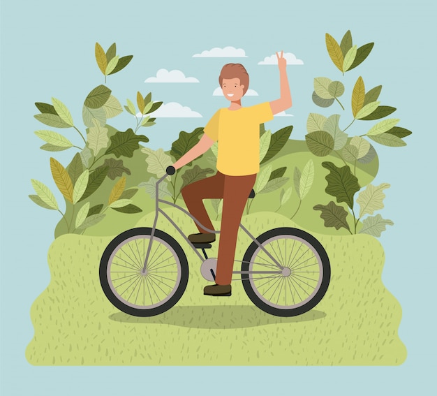 Vector young man in bicycle on park