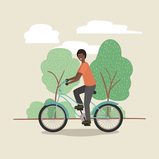 Vector young man in bicycle on park
