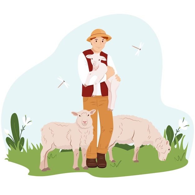 Vector a young man or boy farmer holds a young lamb in his arms the guy takes care of the sheeps