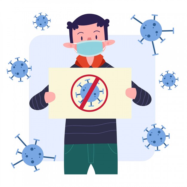 Young Man or Boy or Male or Person or Character Wearing Medical Mask With Virus Poster Design. Flat Illustration Concept. Isolated.  