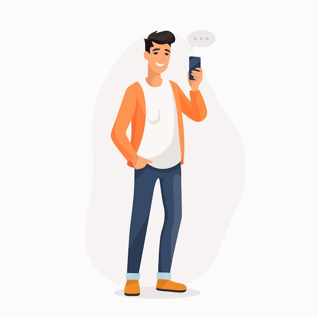 若い男 男の子 ティーンエイジャーはスマートフォンを見てチャットしています 幸せな男 男は電話でタイピングをしています