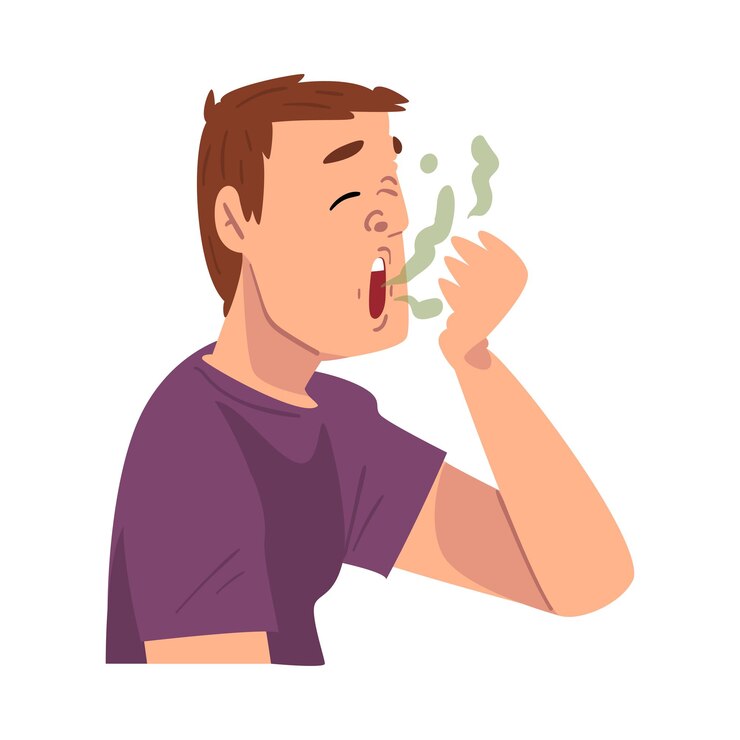 Vector young man breathing to his hand to check and smell his breath bad smell vector illustration