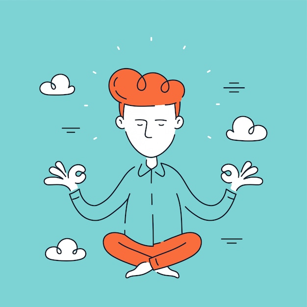 Young man businessman,office worker relaxes and meditates in sky in lotus position