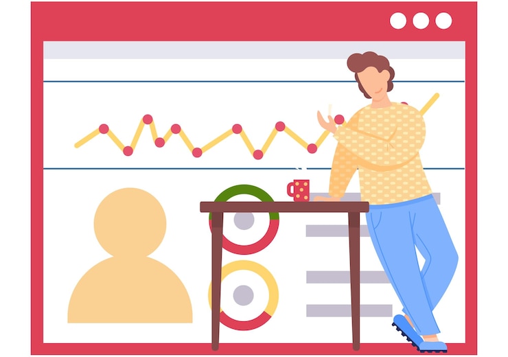 Vector young man businessman or student in casual clothes standing at full height at a table with a cup of coffee businessperson male character office worker or employee near banner with statistical graph
