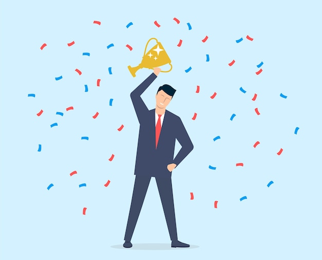 young man, businessman, in a suit and tie, achieved success and received award.