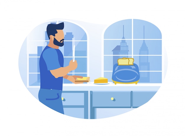 Vector young man buttering toast in the kitchen at home