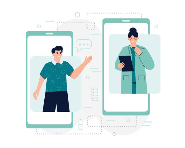 Young man calling to doctor asking about treatment doctor giving advice Online doctor occupation Giving consultations to patients online Vector flat illustration in blue colors