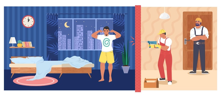 Vector young man can not fall asleep because of noise coming from neighboring apartment flat vector illustration man drilling wall neighbor renovation noise