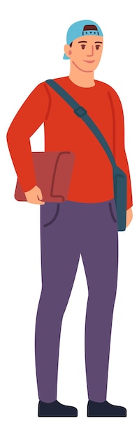 Молодой человек в кепке, стоя с школьной сумкой. Счастливый студент