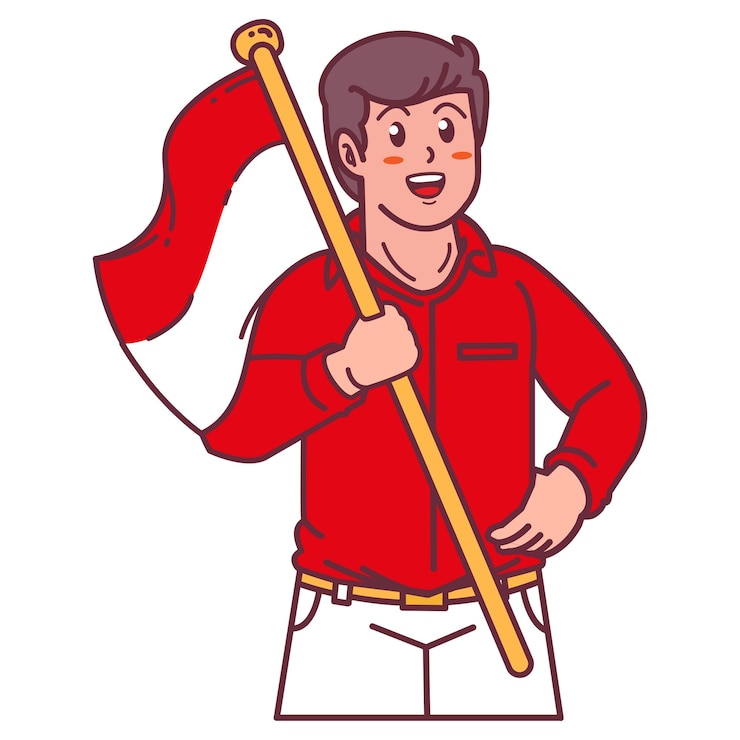 Vector a young man carrying the indonesian flag happy indonesian independence day