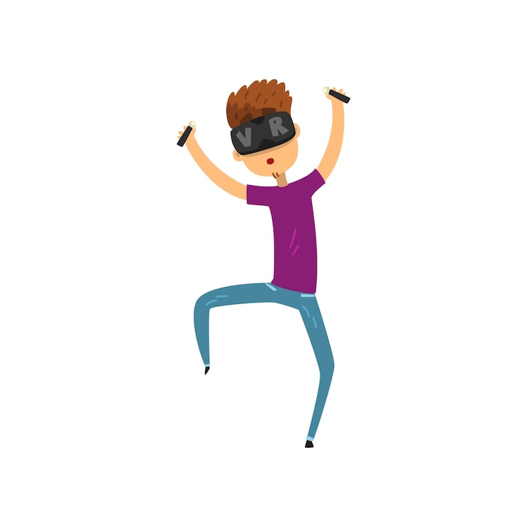 Vector young man cartoon character in virtual reality headset holding controllers, gaming cyber technology, virtual reality concept vector illustration isolated on a white background.