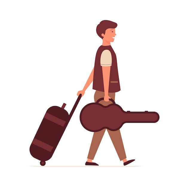 A young man in casual clothes comes with luggage and a guitar case