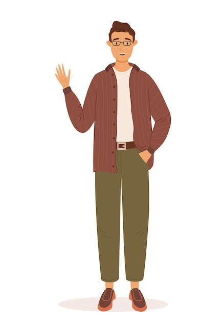 Young man in casual clothes and eyeglasses Student concept character Happy high school boy Vector illustration