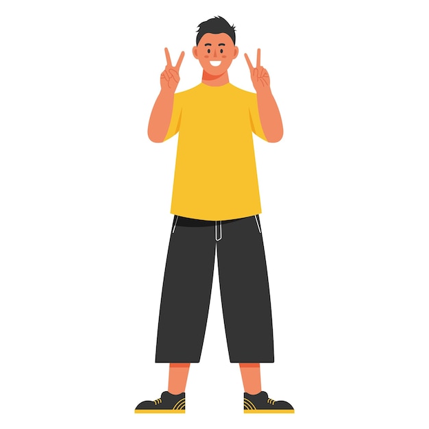 A young man in casual clothes stands and waves his hands Isolated vector illustration