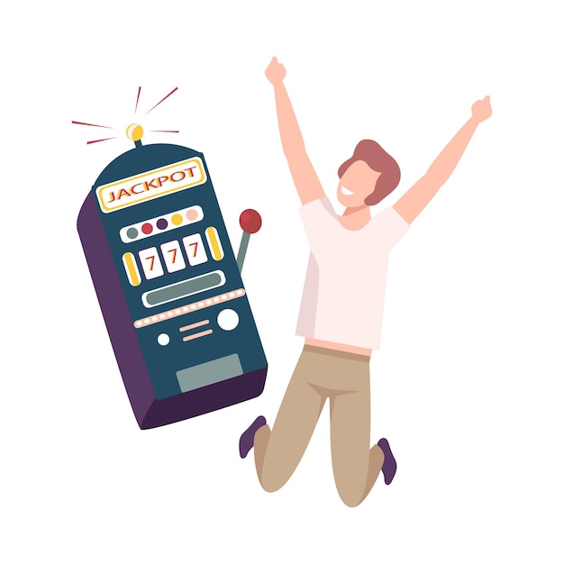 Vettore giovane che celebra la vincita di denaro su un bandito armato lucky guy ha vinto un premio in denaro nel casinò gamble flat vector illustration