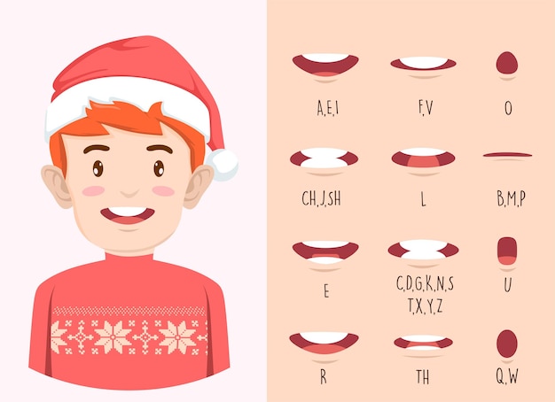 Vector young man character in christmas clothes with lip sync collection for animation