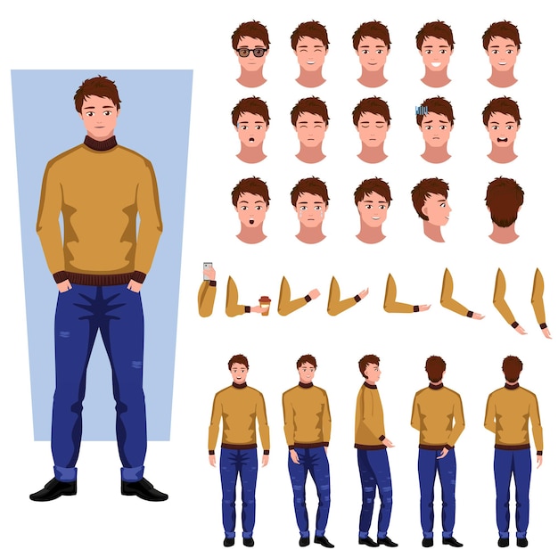 アニメーション漫画フラットデザインの若い男のキャラクター作成デザイン