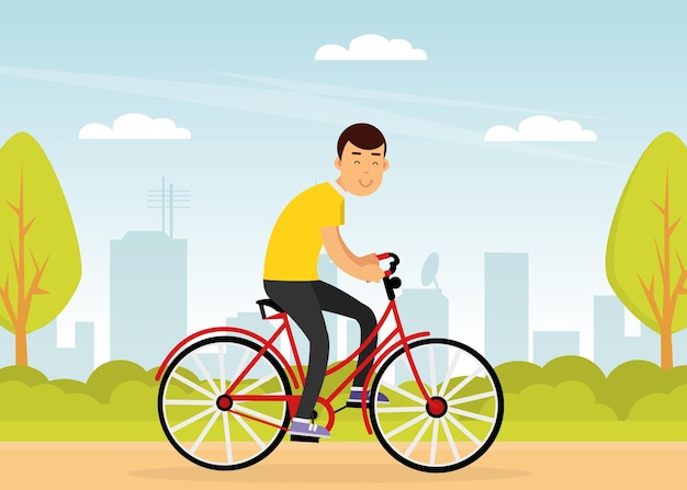 公園でペダルを回す自転車に乗る若い男のキャラクターがスポーツや体操をしています
