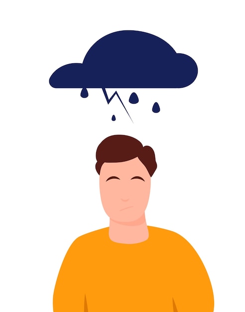 Young man character with cloud rain depressed negative thinking pessimism upset mood unhappy person concept Flat vector isolated illustration Negative emotion