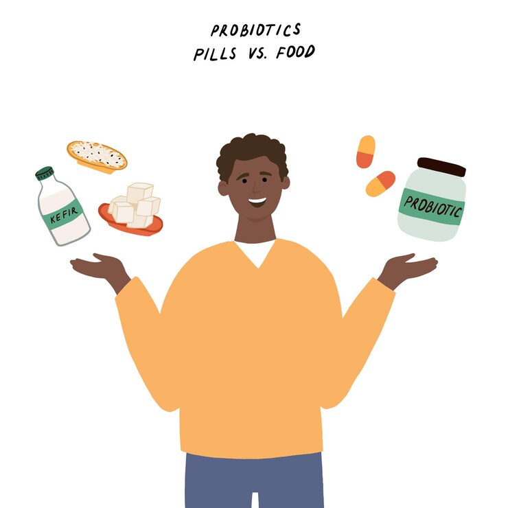 Vector young man choosing between different sources of probiotics. concept with choice between fermented foods and probiotic supplements, peels. hand drawn vector illustration for article, banner, web, card
