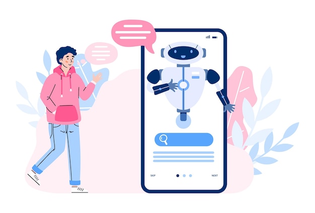 Вектор Молодой человек общается в чате с виртуальным помощником умного чат-бота