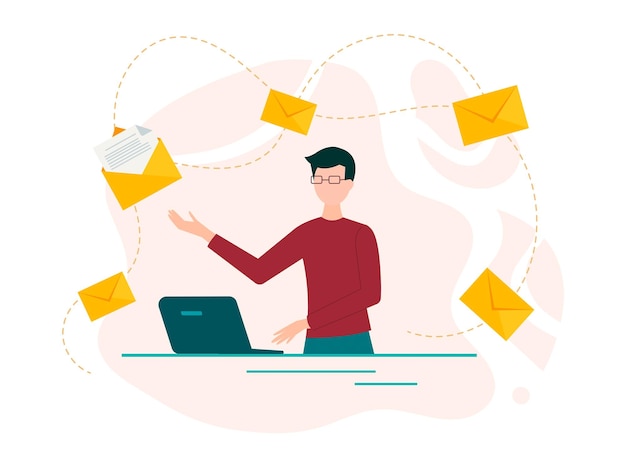 Vector young man at the computer and envelopes with letters as a symbol of messages vector illustration