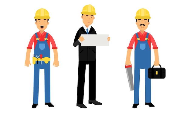 Young Man Constructor in Yellow Hard Hat and Blue Overall Holding Saw and Other Tools Vector Illustration Set