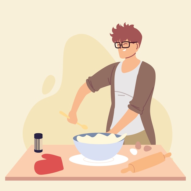 Young man cook preparing a cake illustration design