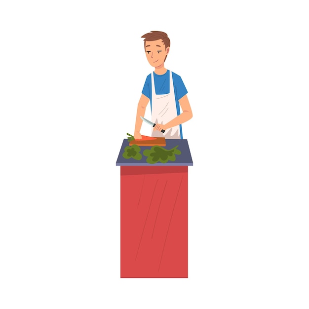 Вектор Молодой человек готовит салат на кухне домашняя деятельность домашняя уборка повседневные обязанности и домашние дела