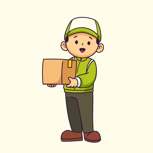 Young man courier holding package cartoon illustration