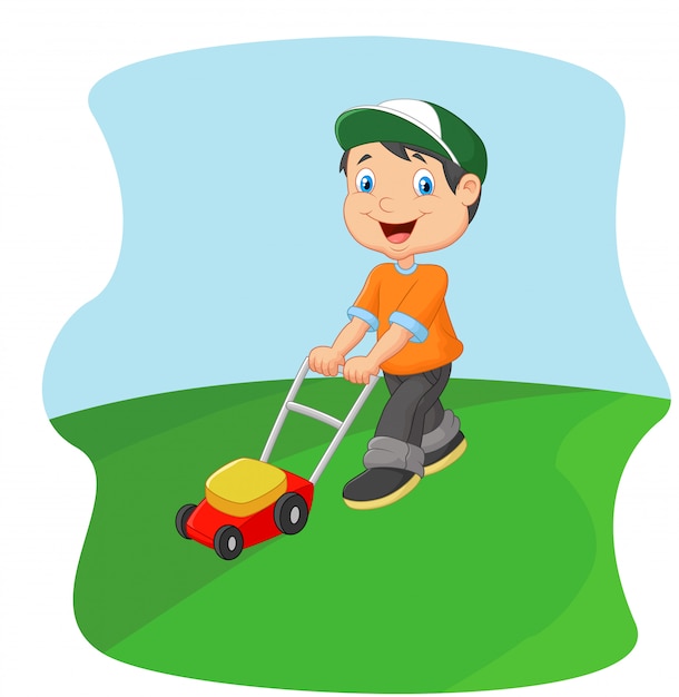 Vector young man cutting grass with a push lawn mower