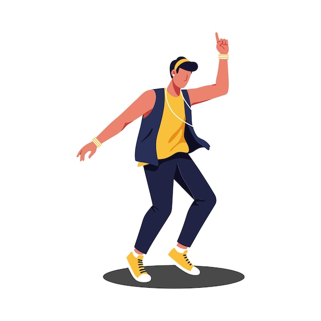 young man dancing energetically with headphones in casual urban attire and vibrant colors