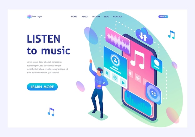 Young man dancing to the music playing on his phone The concept of listening to music on social networks 3d isometric Landing page concepts and web design