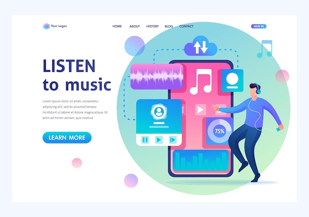 Giovane che balla al ritmo della musica riprodotta sul suo telefono ascolto di musica sui social network personaggio piatto 2d concetti della pagina di destinazione e web design