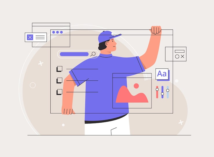 Молодой человек-дизайнер, работающий над дизайном ui ux или прототипированием баннера мобильного приложения. Разработчики программного обеспечения. Фрилансер, работающий над веб-разработкой и разработкой приложений на компьютерах. Вектор плоского стиля.