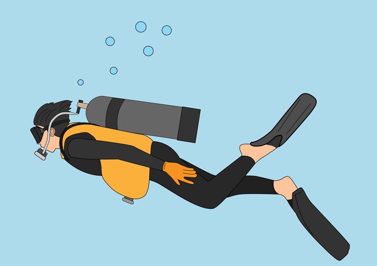 Vector a young man dives wearing a bodysuit mask and fins