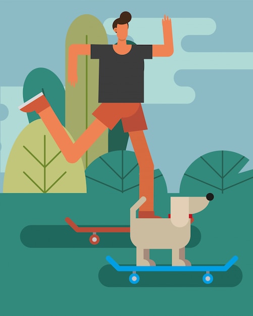 young man and dog mascot in skateboards practicing activity characters