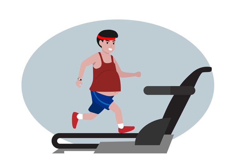 Vector a young man doing cardio exercises on a treadmill obese men lose weight healthy lifestyle vector illustration